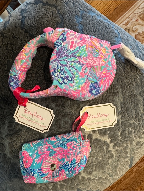 Lilly Pulitzer Other - Lilly Pulitzer Pink & Aqua Floral Retractable Dog Leash with Waste Bag Holder